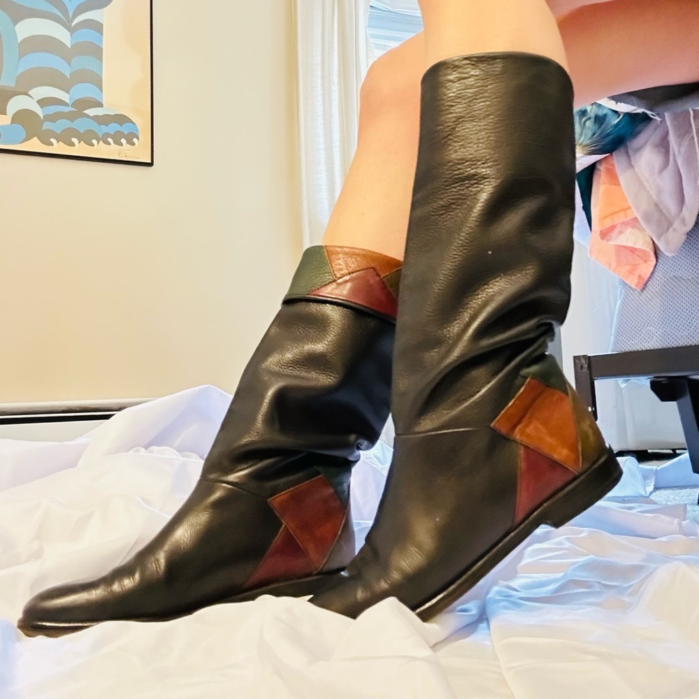 European-made Black Boots with Patchwork Detail